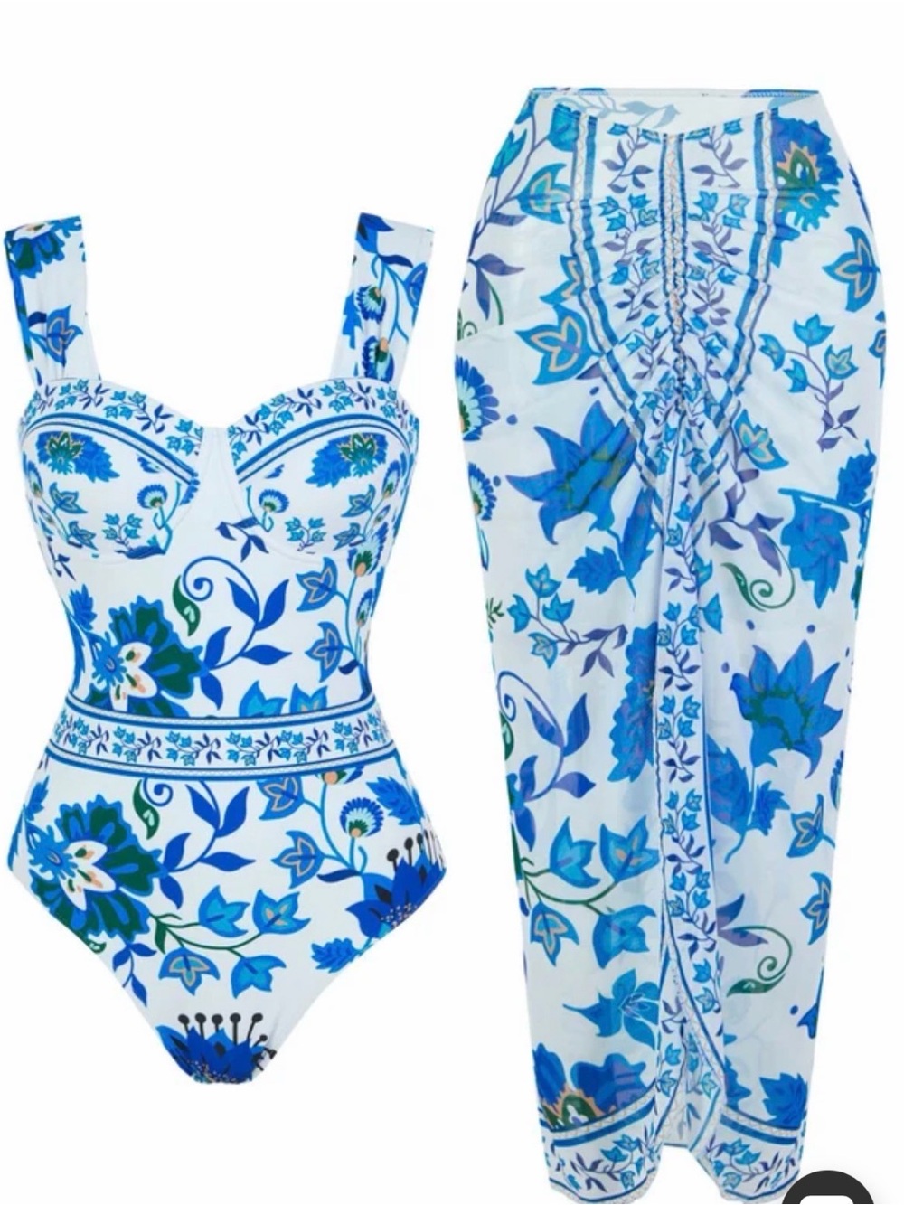 Retro Stage 1950s Floral Wide Strap One Piece Swimsuit & Cover-Up